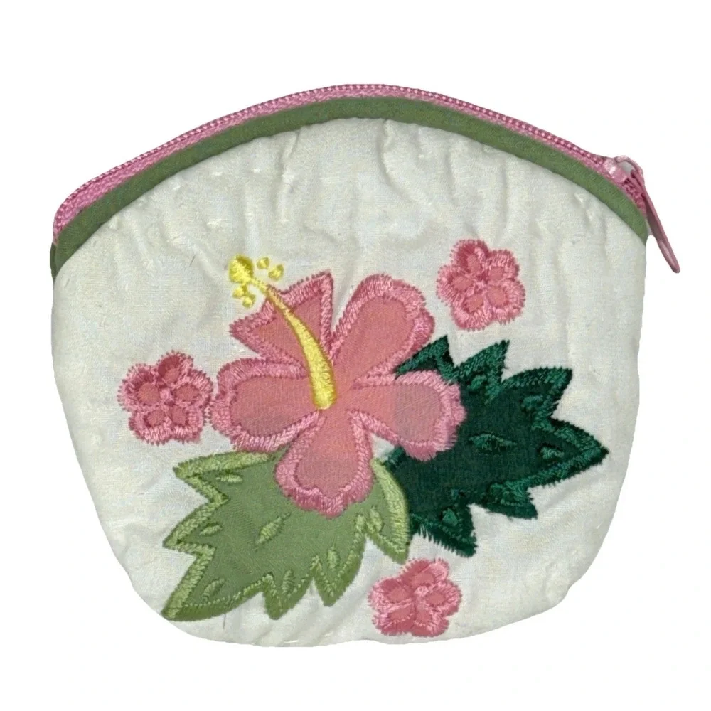 Vintage Embroidered Hibiscus Flower Quilted GrannyCoin Purse Boho‎